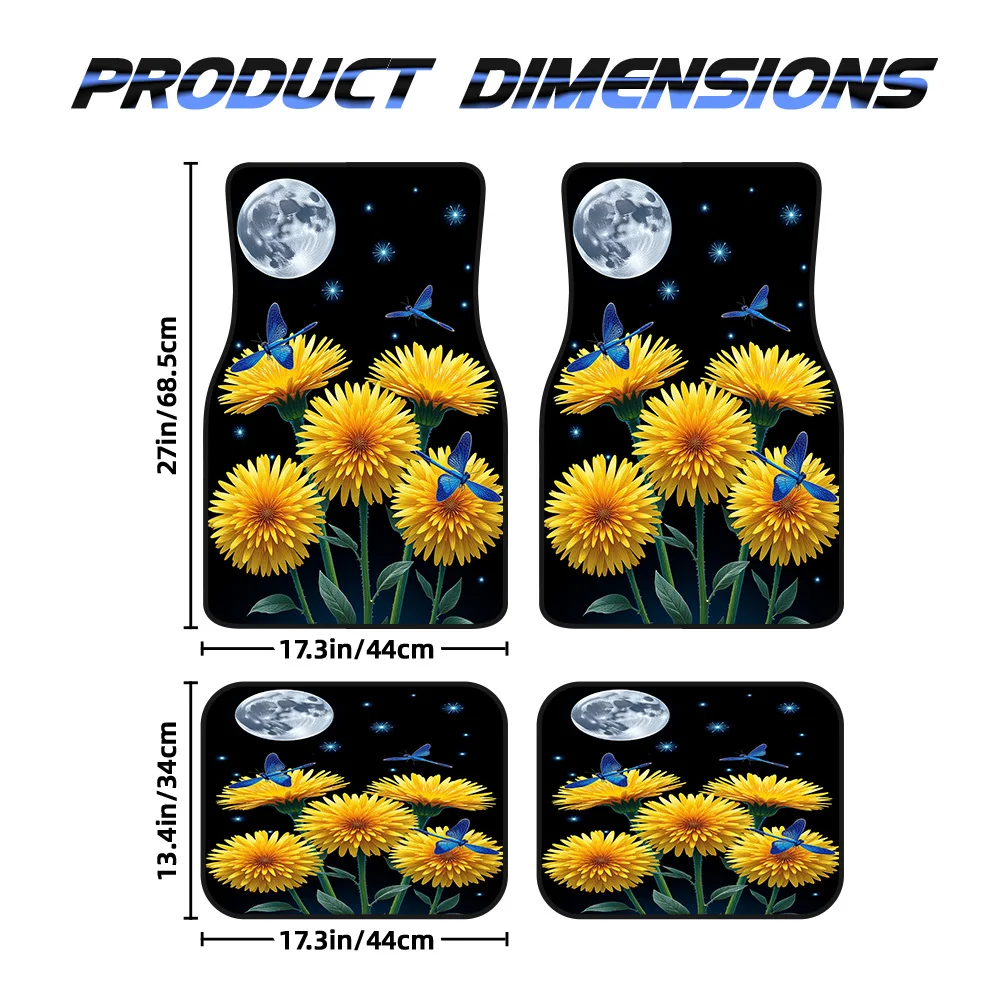 4pcs Auto Mats Showcasing Dandelions Sun Moon Dragonflies Design, Compatible With Crossovers Or Minivans, Offering Easy Maintena