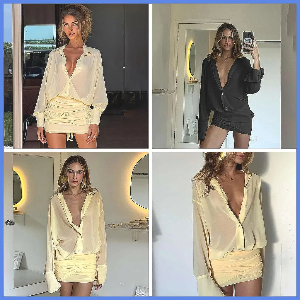 

2025 Sexy Sheer Mesh Mini Dress with Flare Sleeves, Trendy Club & Streetwear Bodycon Outfit for Women