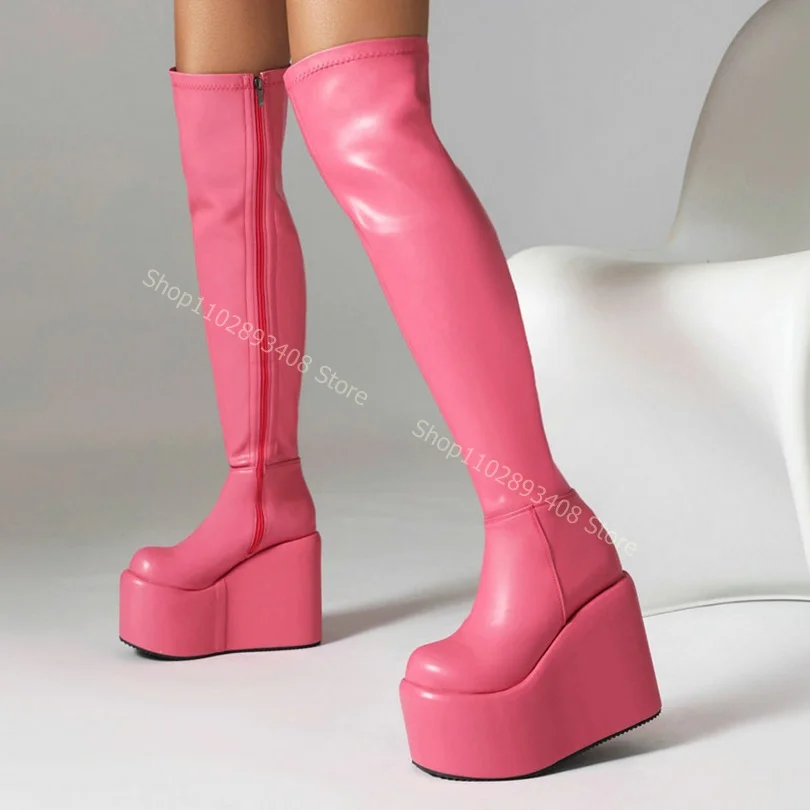 

Pink Wedges Heel Platform Knee Boots Round Toe Side Zipper Solid Sexy Women Autumn New Fashion Elastic Boots Zapatos Para Mujere