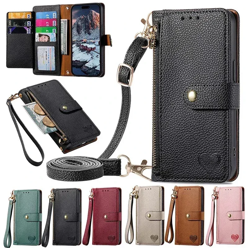 Zipper Leather Wallet Anti-theft Case For Redmi Note 13 Pro Plus 12 Turbo 12S 11 11S 10 10S 10T 9A 9C Wrist Strap Cover Lanyard