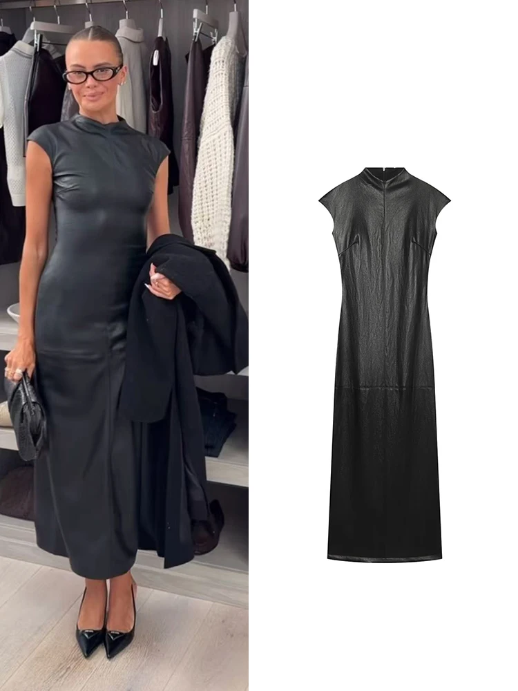 TFMLN Women Dresses Elegant Slim Stretch PU Midi Dress Party Clubwear Casual Faux Leather Back Hem Split Chic Long Dress