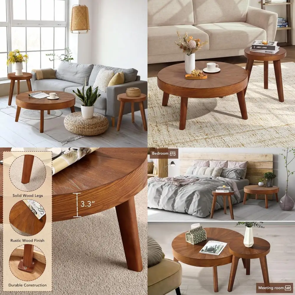 

3-Piece Farmhouse Style Coffee Table Set, Bohemian Sofa Side Tables with Natural Wood Finish for Living Spaces and Bedrooms