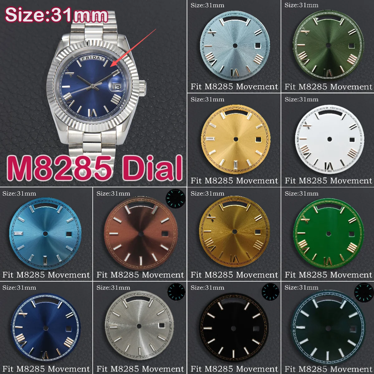 

Циферблат 31 мм подходит для механизма Miyota 8285, серебристый/синий/золотой/белый/черный циферблат с календарем, синий светящийся механизм для часов, аксессуары 8285