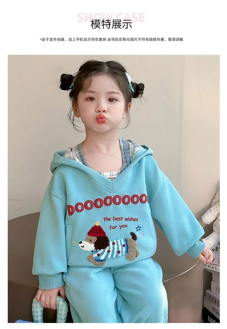 

Internet-famous girl's clothing Korean style long pants set, spring and autumn new fashionable plaid vest and cartoon sweatshirt