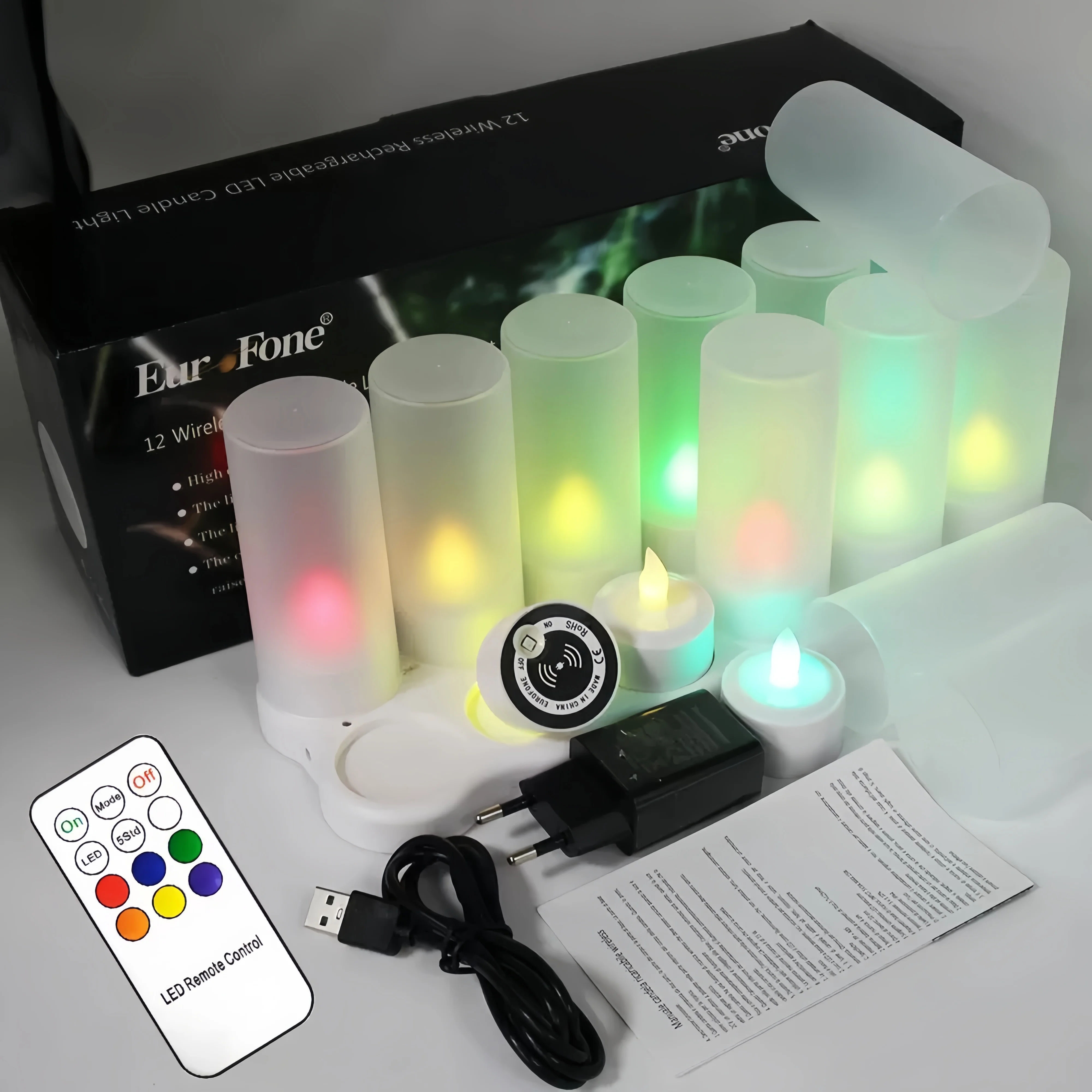 12-Piece Set 12 Keys Remote Controlled Wireless Charging Rechargeable LED Tealight RGB Electronic Candle Lamp Wedding Xmas Home