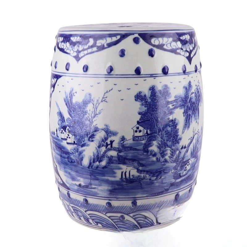 Ceramic hand-painted blue and white landscape flower and bird drum stool cool pier Chinese home dressing stool