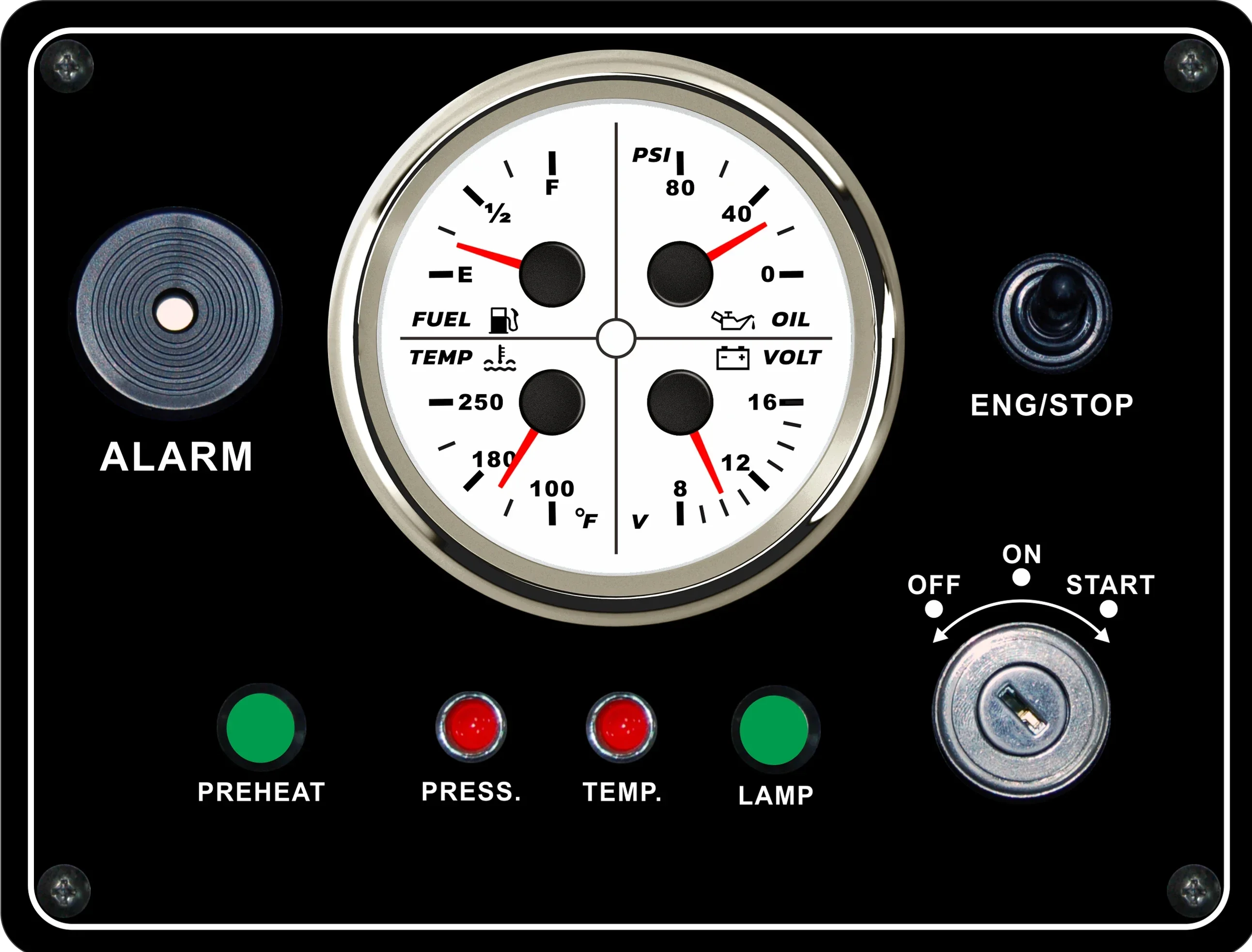 Newest Multifunction Instrument Panel with 4 in 1 Gauge Fuel Level Water Temp. Oil Pressure Voltmeter 210*160mm for Boat Car 12V