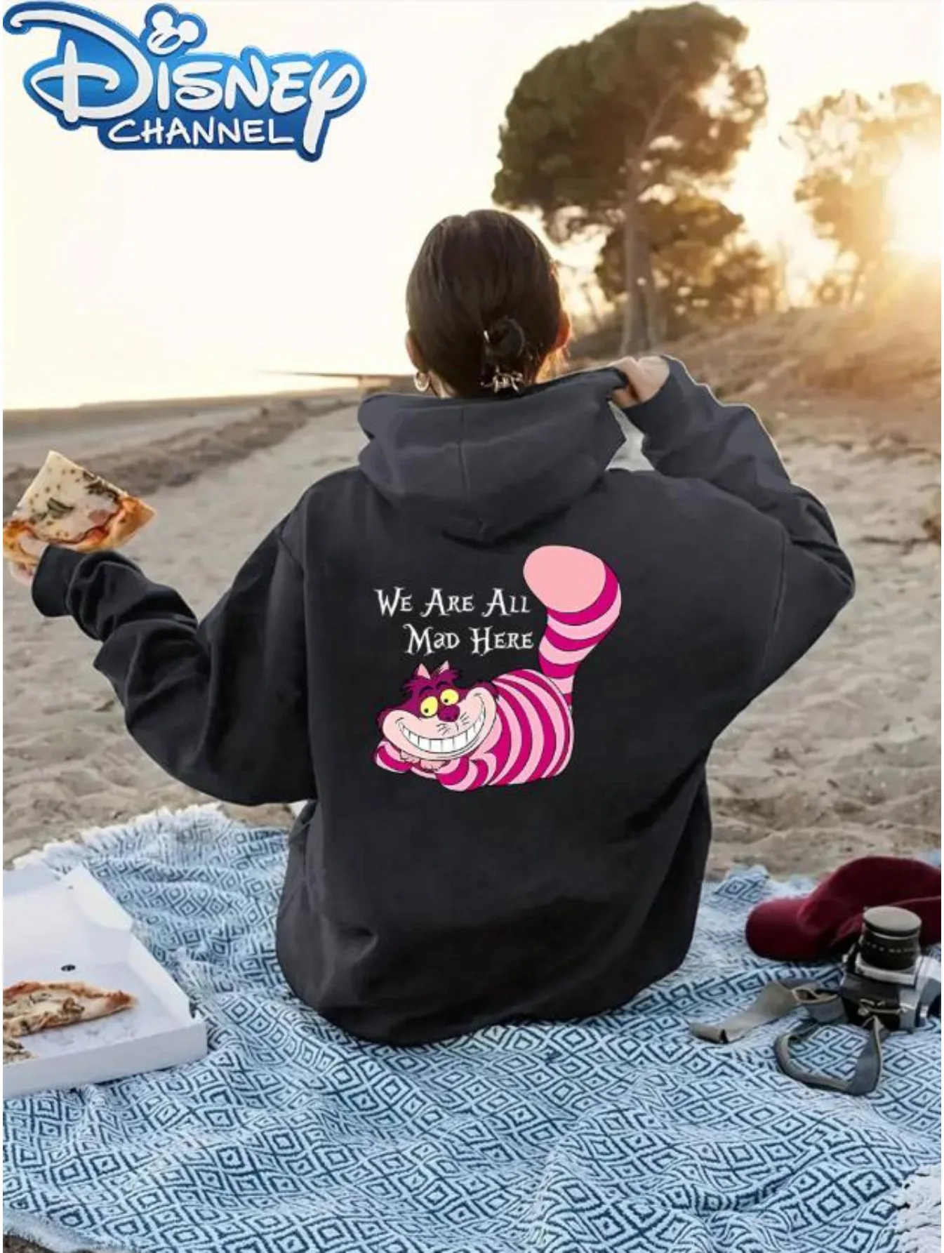 Nourriture d'anniversaire magique Disney pour femme - Chat Chasha "We Are All Mad Here", sweat-shirt à fermeture éclair, tenue décontracté pour les fans de la Fête et de Disney