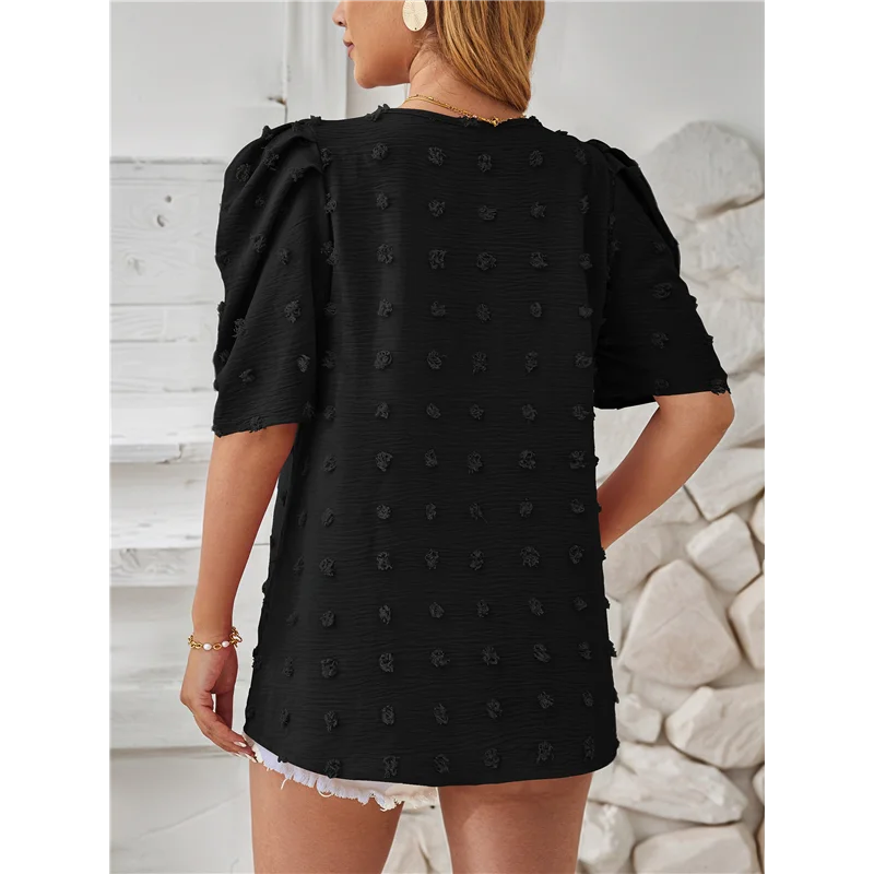 

НОВИНКА-женские летние и осенние тканые жаккардовые меховые топы средней длины с пышными рукавами и круглым вырезом 2025 года.