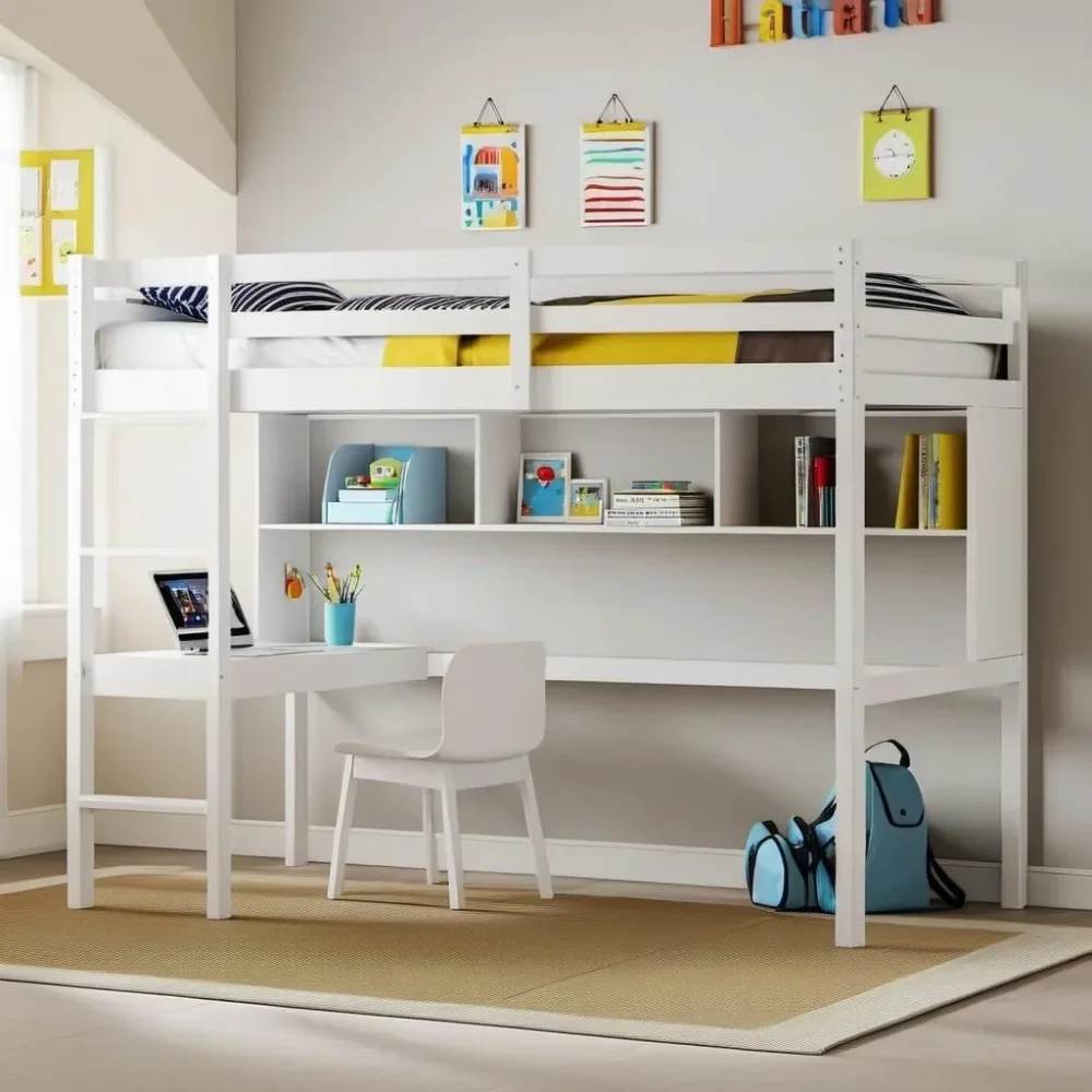 

Twin Size Loft Bed with Shelves and Desk,Solid Wood Loft Bed Frame w/Safety Guardrail and Ladder,Space Saving Design