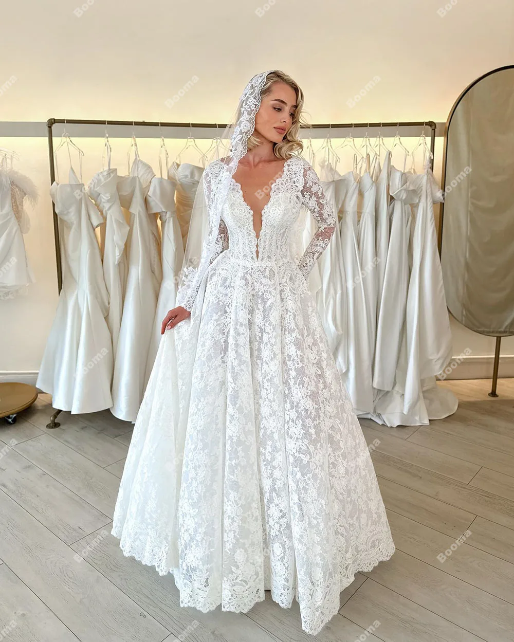 Booma A Line Elegant Wedding Dresses Deep V Neck Long Sleeves Lace Bride Gowns for Women Party Floor Length Bridals Dresses 2023