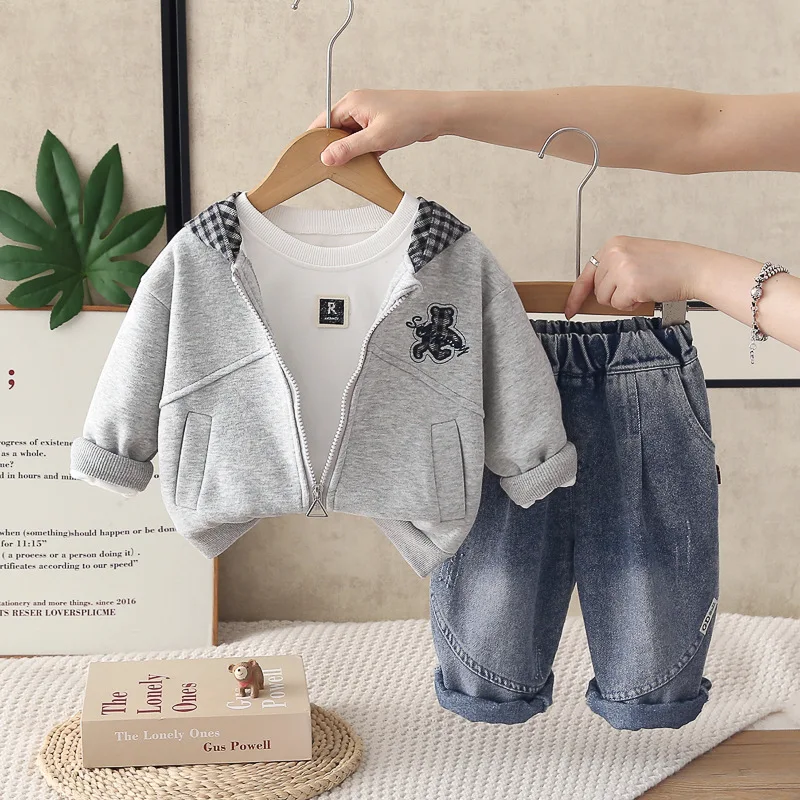 Infant Clothes Kids Outfits 1-2-3-4 Years Baby Boy Cute Cartoon Plaid Hooded Jacket and Pants Two Piece Set Children's Clothing