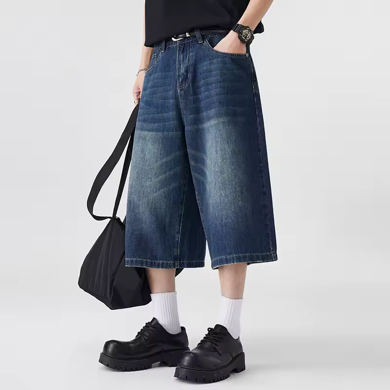 Short en Denim Non élastique pour hommes, sept cinq, ample, jambes larges, polyvalent, Style Simple, décontracté