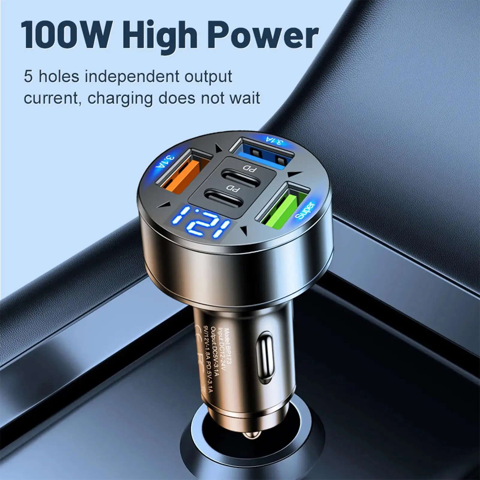 Superschnelles Multi-Port-Autoladegerät mit PD USB Typ C, 100 W Schnellladeadapter für Telefon, Tablet, Familienreisenutensilien