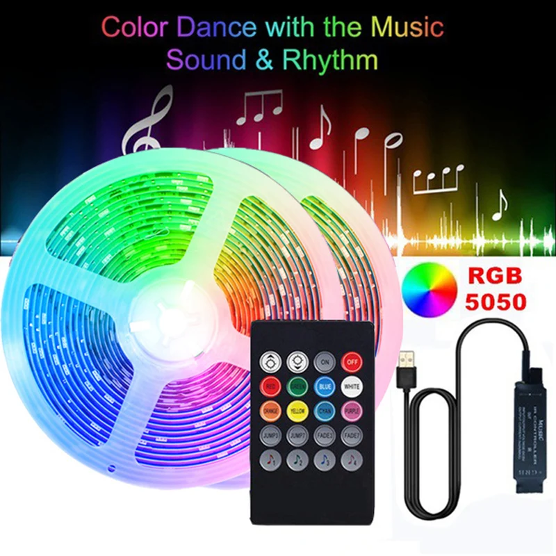 

Светодиодная лента RGB5050, цветной гибкий светильник с 20 клавишами, USB, для подсветки телевизора