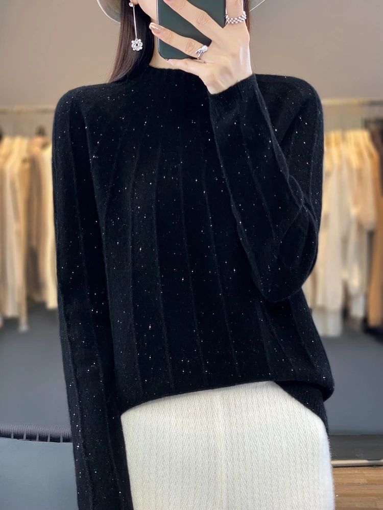 New Chic Women Sweater Autumn Winter Mock Neck Pullover 100% Merino Wool Shiny Cashmere Knitwear Korean Fashion Female Clothing