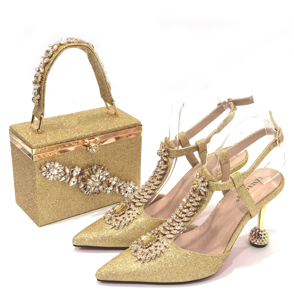 

Arrival Italian Designer Ladies Shoes and Bags Matching Golden Color African Shoes and Bag Set Nigerian Wedding Shoes for Party