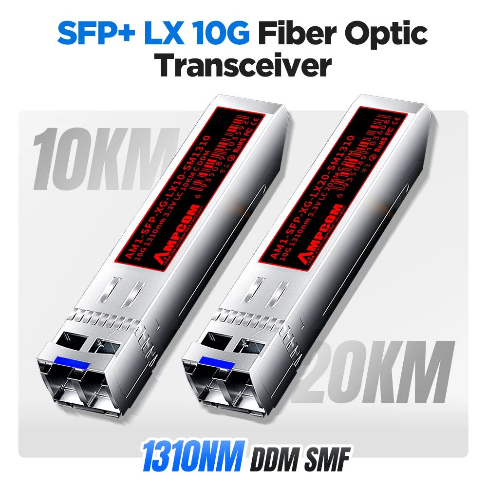 AMPCOM Module LC modul Transceiver SFP + dupleks Mode tunggal, serat optik industri SMF 1310nm 10km 20km untuk Cisco dll.