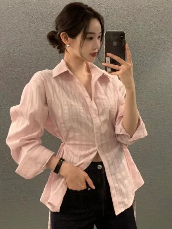 Ele Women's Long Sve irt Chic Design Striped Turn-down Collar Belted Slimming Trendy Breathable Polyester Fiber