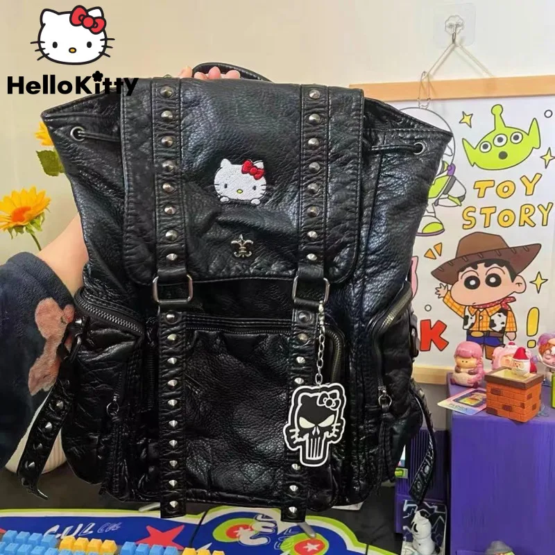 Sanrio Hello Kitty Luxury Design Bags Y2K Spicy Girl Rivet Punk Backpack New Large Capacity Schoolbag Women Fashion Shoulder Bag