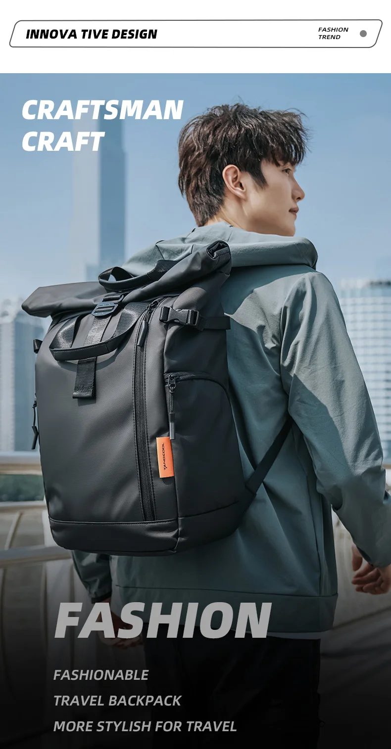 TANGCOOL Gentleman Roll-Top-Rucksack, großes Fassungsvermögen, leicht, wasserdicht, mit mehreren Fächern, für Geschäftsreisen, Laptop-Tasche – Detail 4