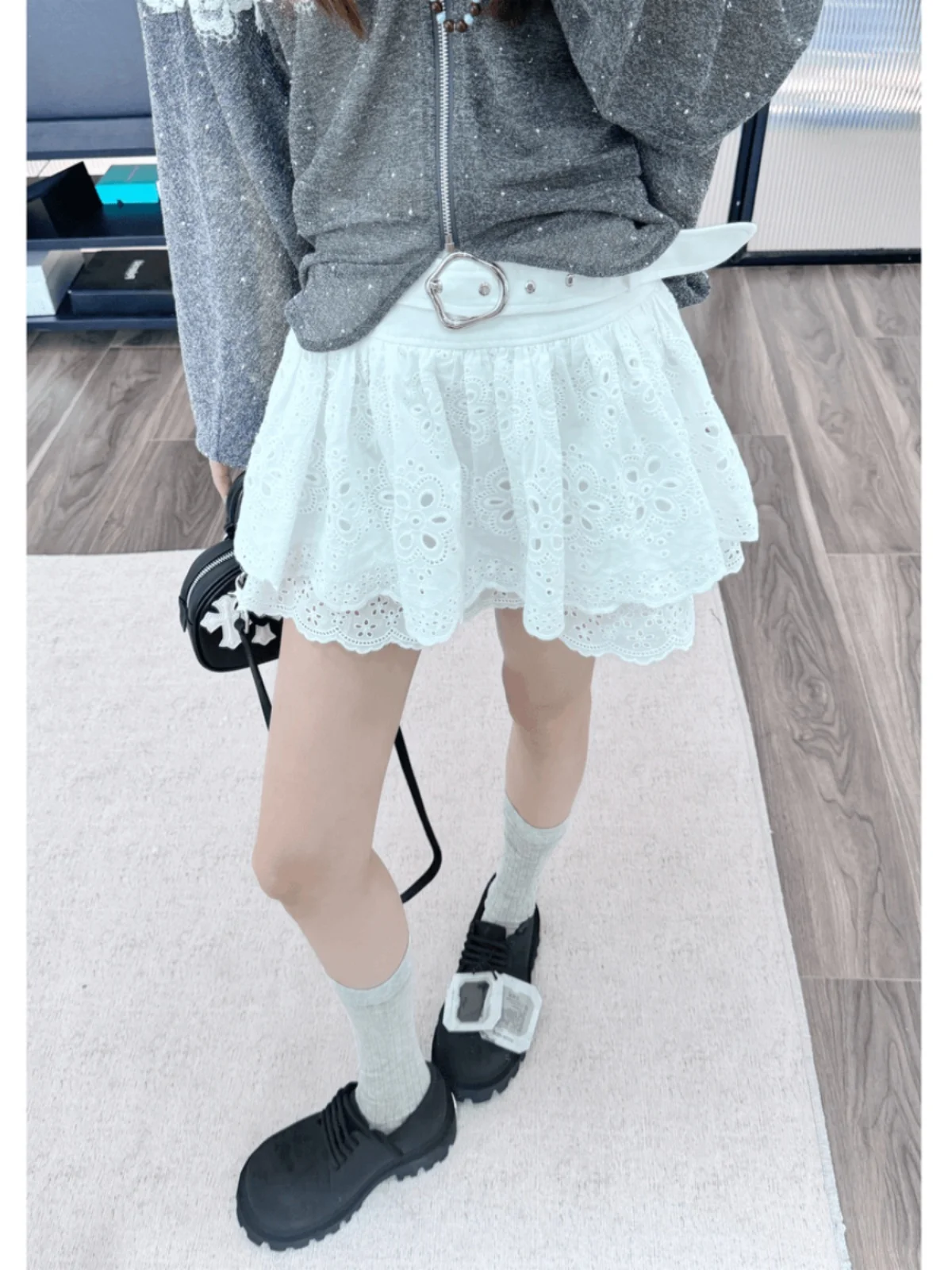 

Slimming Hollow out Embroidery Patchwork A-Line Lace Trim ort Skirt Women's Midi Skirt Simple Sle mid Waist Polyester