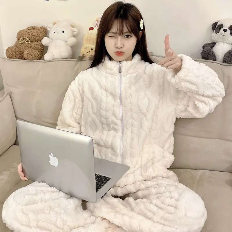 Pajamas Women Autumn Winter Coral Fleece Thickened Velvet Padded Loose Sleepwear Flannel Warm Stand Collar Student Homewear Suit