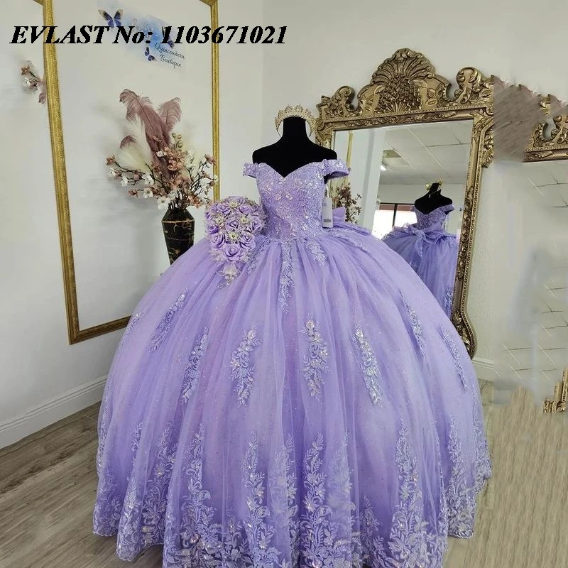 

EVLAST Лавандовое платье Quinceanera, бальное платье с кружевной аппликацией, расшитое бисером и кристаллами с бантом, корсет Sweet 16, Vestidos De XV 15 Anos SQ40