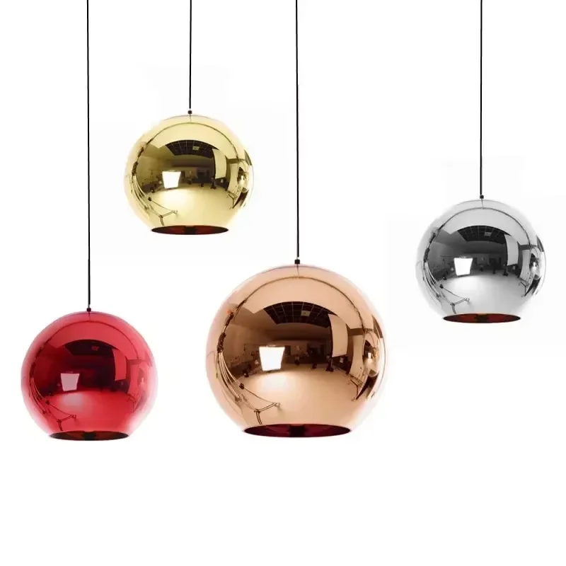 

Glass Ball Pendant Light Mirror Chrome Finish Lighting Fixtures for Living Room Cafe E27 Bulb Base Silver Gold Copper Red Colors