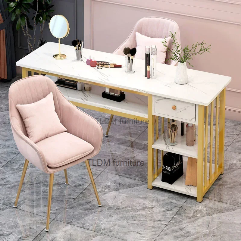 

Modern Nail Tables Minimalist Manicure Shop Table and Chair Set Japanese Luxury Double Nail Manicure Tables with Drawers B