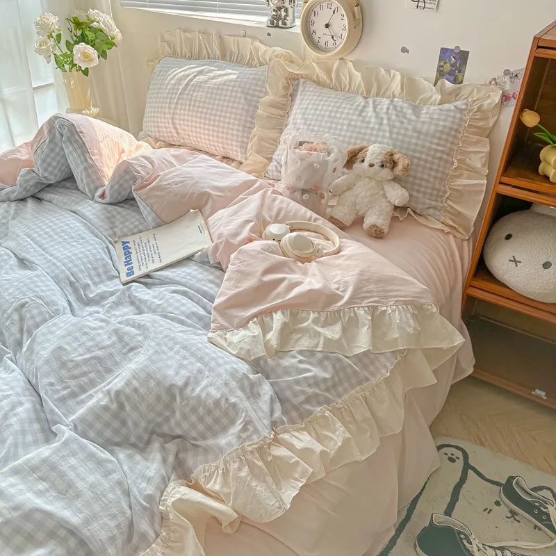 Pink CreamPlaid Ruffled Down Duvet Cover With Lace Girl's Heart And Skin Friendly Comfortable Pure Cotton Four Piece Set For Bed