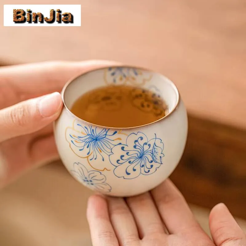 Taza de té de porcelana con horno de gelatina Ru de manteca de cerdo de 100Ml, taza Arhat de flor de melocotón azul, taza individual de maestro de belleza para mujer, tazón de té pequeño
