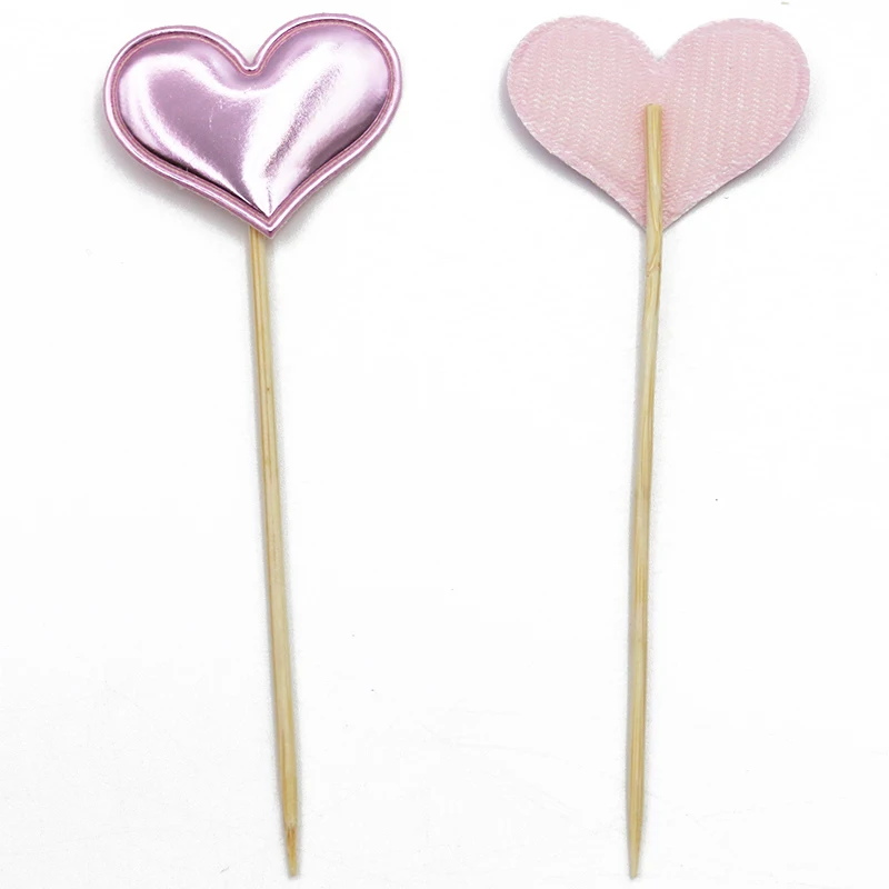 (50 Pcs/pack) 11 * 4cm Glossy PU Leather Love Bamboo Sticks Plot Decoration Wedding Cake Dessert Card Insertion Handmade DIY