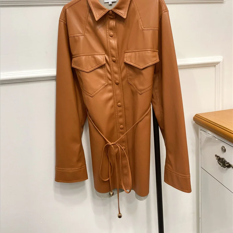 2023 Autumn and Winter Single Breasted Belt Long Sleeve Leather Shirt Woman