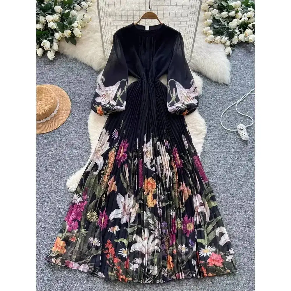 vintage Elegant long sleeve Ruched print Dress Chic Vestidos Women Fashion Retro ceremony dresses