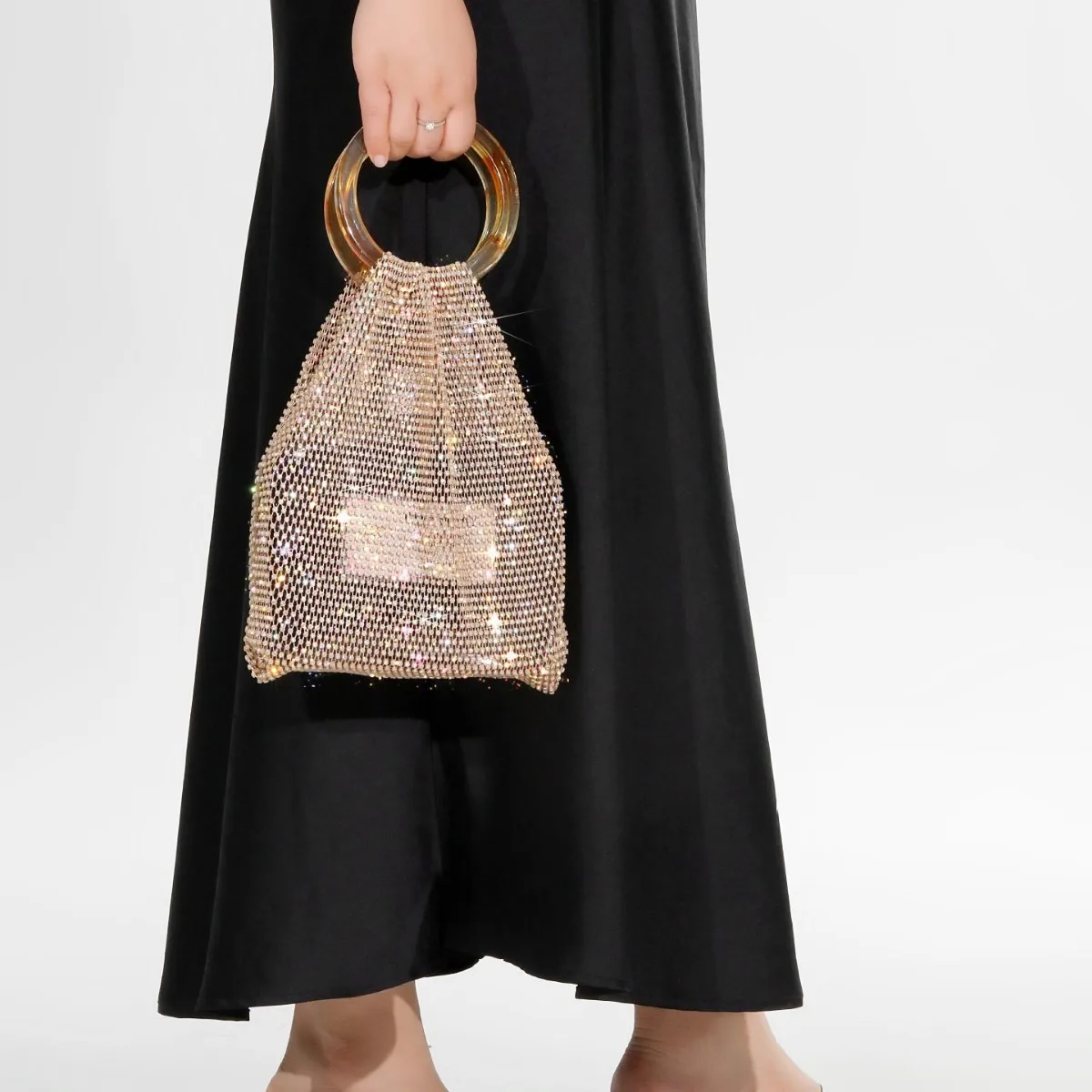 

Luxury Rhinestone Mesh Tote Bag Round Acrylic Handlle Women Handbags Shinny Diamonds Evening Bags Lady Party Purses 2025