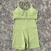 Solid Color Gym Bike Yoga Set Short Legging Cross Back Sport Bra 2pc Tracksuit Athletic Women Gym Suit Comprehensive Training Jo - Image 4