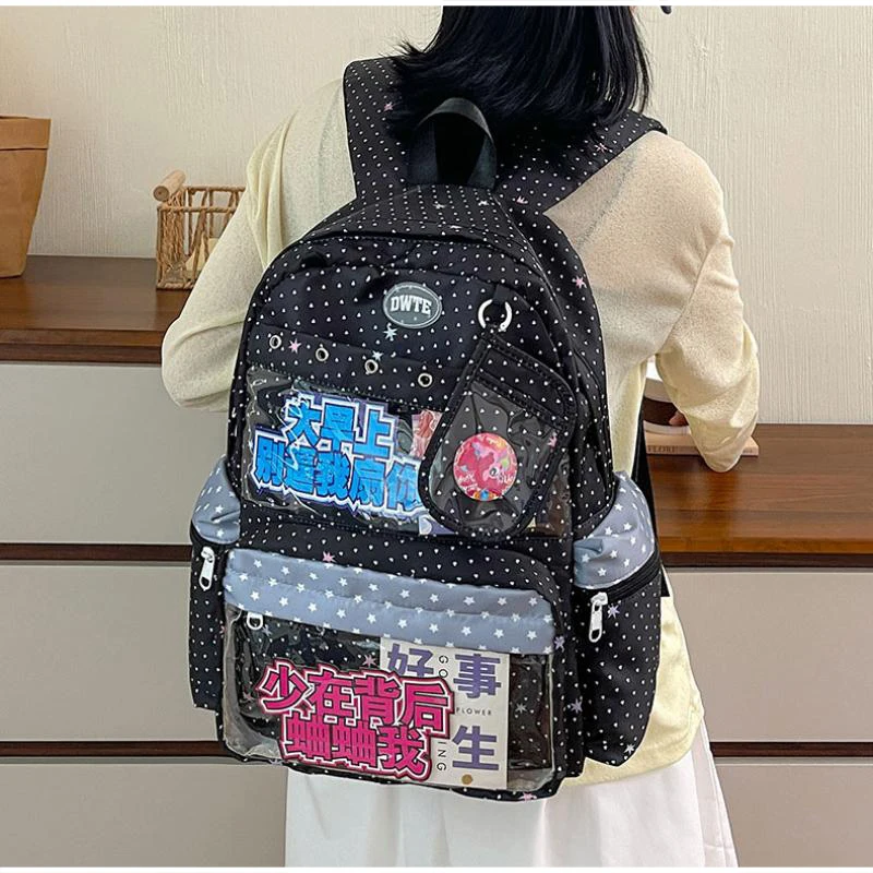 Modischer Rucksack mit transparentem Sichtfenster, großes Fassungsvermögen, gepunktete Schultasche für Teenager-Mädchen, leichte Büchertasche – Detail 12