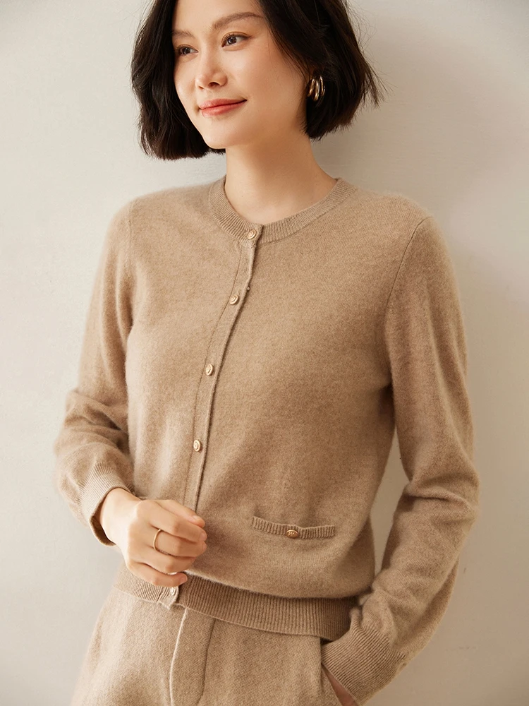 Choice Women Cashmere Sweater Autumn Winter Mock Neck Basic Grace Cardigan 100% Cashmere Knitwear Pearl Button Soft Warm Sweater