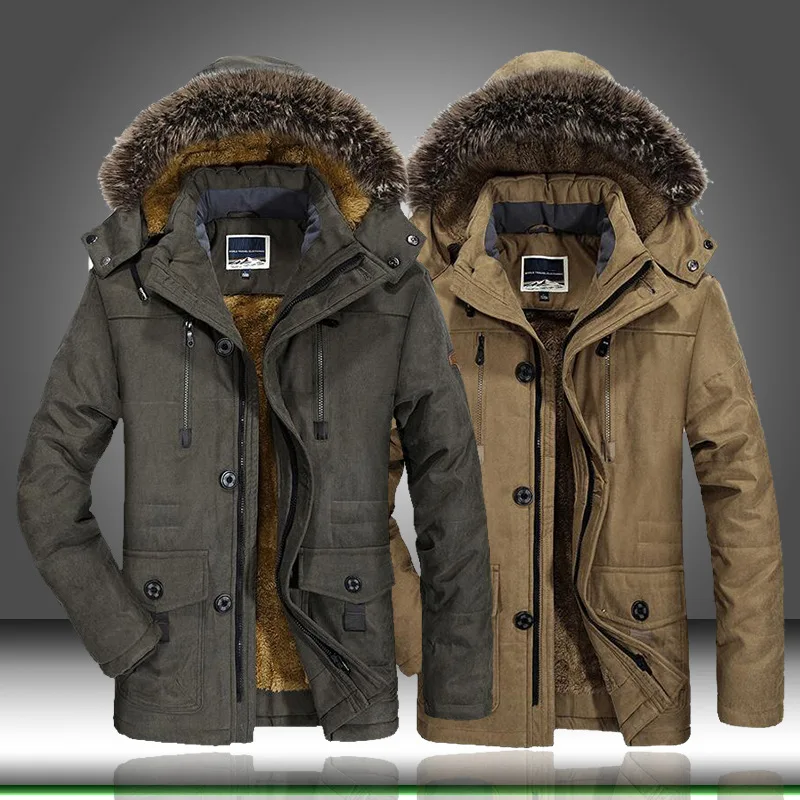 Men Winter Fleece Lined Parka Jacket Detachable Faux Fur Hood Thick Warm Cotton Coat Multi Pockets Windproof Outdoor Casual Mid
