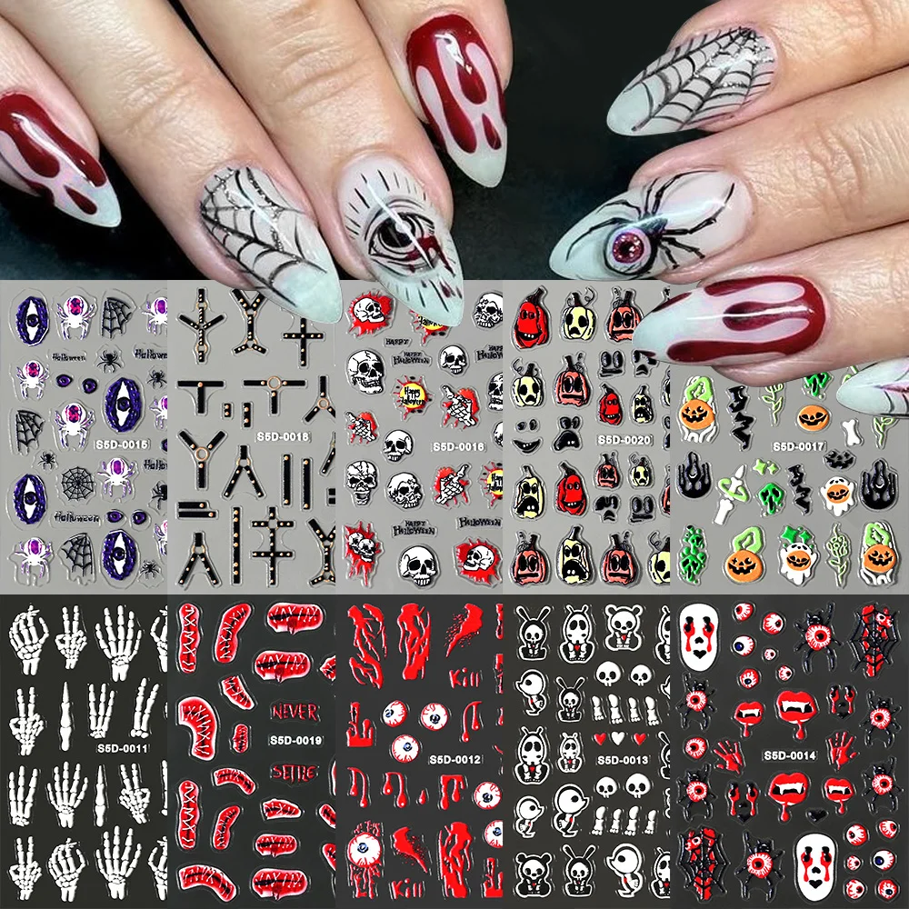 Autocollants 5D pour Nail Art, 1 pièce, décalcomanies adhésives à design de dessin animé d'Halloween, main de squelette/sang/araignée/Aliments, curseur de manucure #