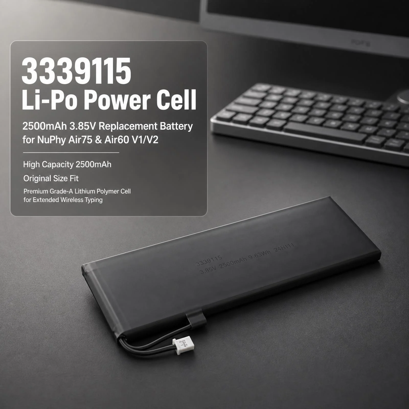 3339115 Replacement Li-Po Power Cell 2500mAh for NuPhy Air75 V1 V2 Air60 V1 V2 Low Profile Slim Mechanical Wireless Keyboard