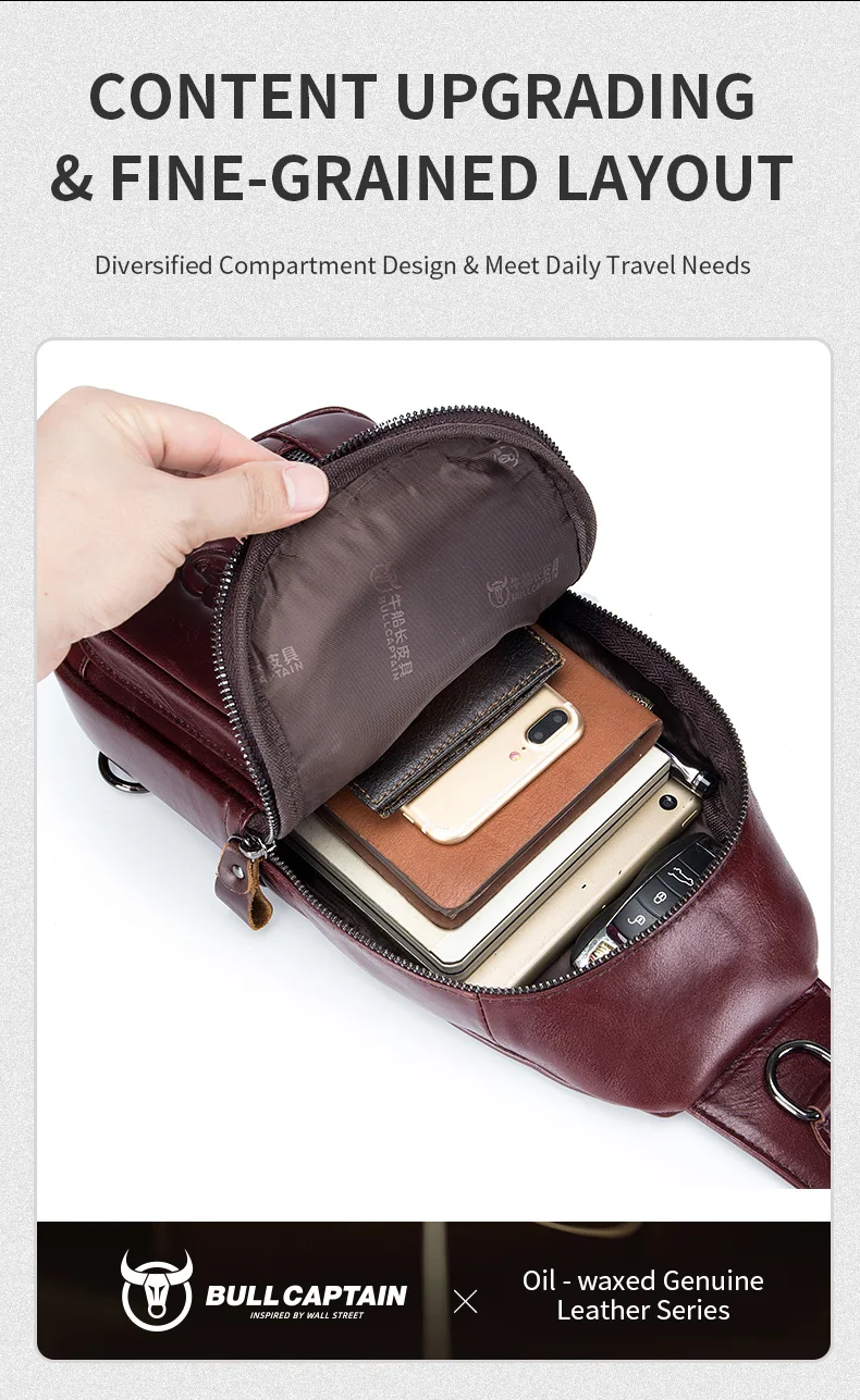 BULLCAPTAIN Brusttasche aus echtem Leder, große Kapazität, lässige Umhängetasche, multifunktionale Umhängetasche aus Leder der ersten Schicht – Detail 5