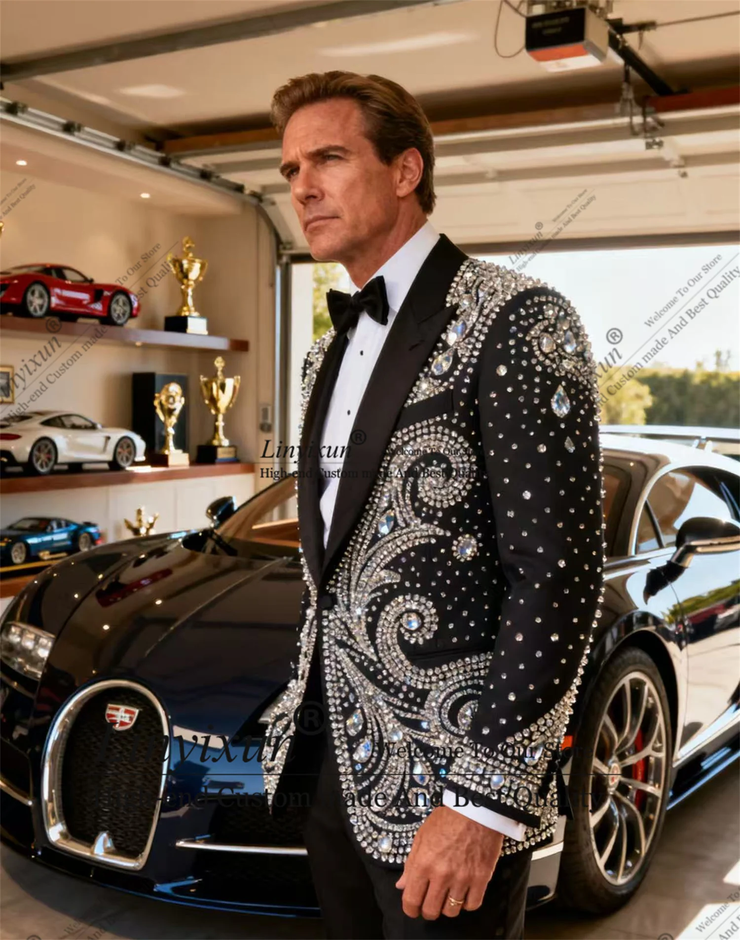 

Luxury Crystal Rhinestones Men Suits 2 Pieces Sets Groom Male Blazers Customized Wedding Tuxedos Slim Fit Formal Ropa hombre