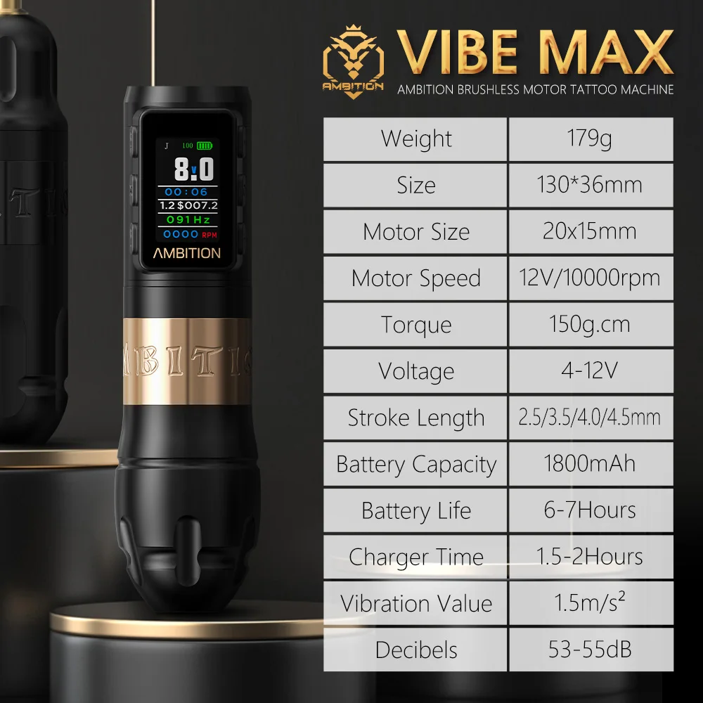Ambition Vibe Max 1800mAh 2.5-3.5-4.0-4.5mm Stroke Professional Brushless Motor Wireless Tattoo Pen Machine With Double Battery