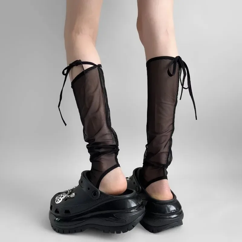 

2026 New Y2K Mesh Leg Warmers Black Semi-Sheer Stirrup Socks with Adjustable Straps Slimming Slouchy Sun Protection Leg Sleeves