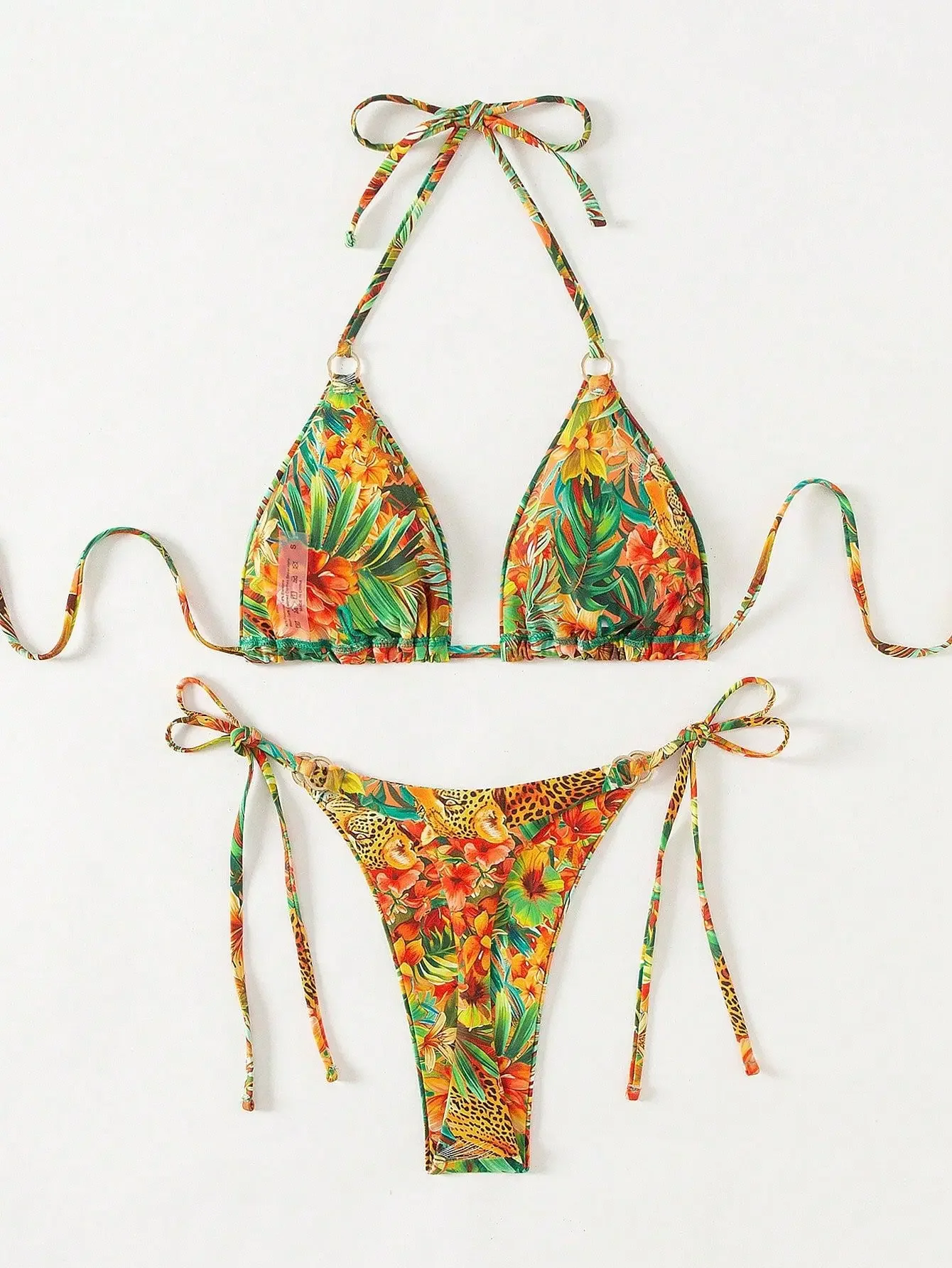 Conjunto de biquíni com estampa tropical feminino 2025 novo maiô de 2 peças sexy triângulo halter sem costas tanga roupa de banho praia férias wear