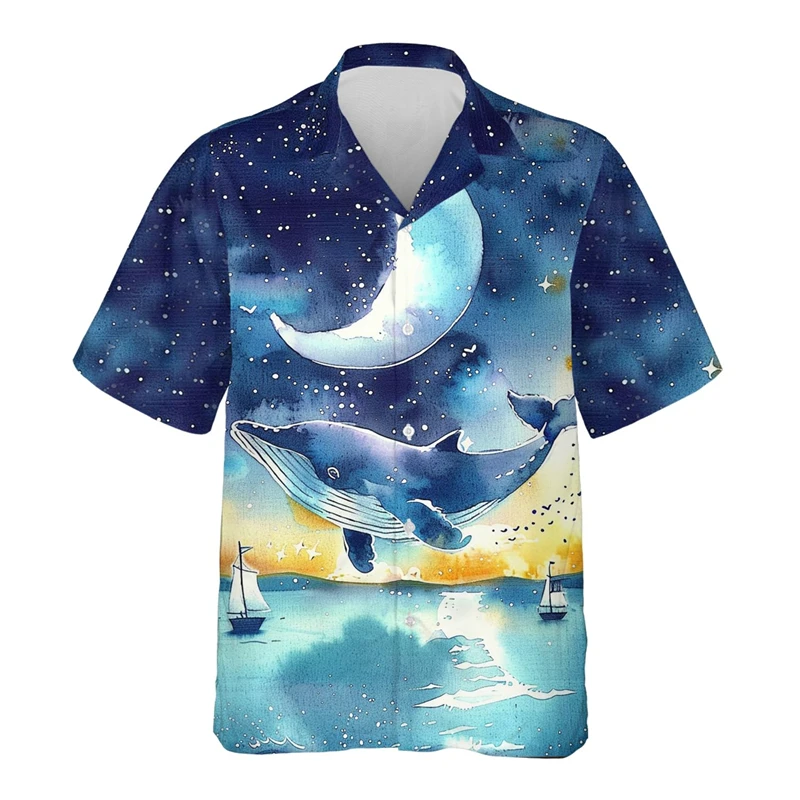 Whale Lovers Shirts For Men Clothes Cartoon Graffiti Art Girls Lapel Blouse Boy Streetwear Orca Whale Short Sleeve Cetacean Tops