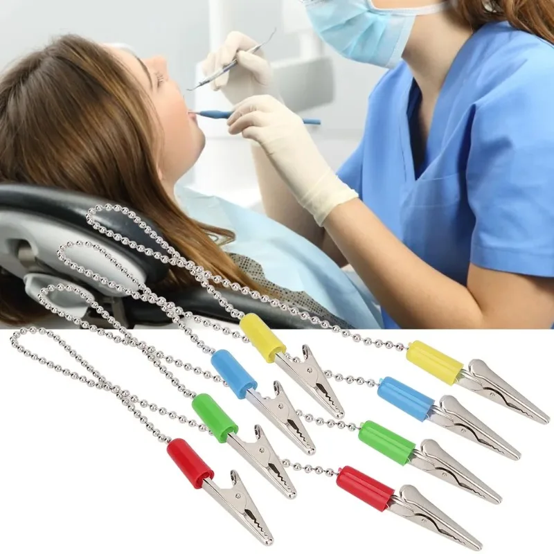 5pcs Oral Spring Clip Dental Lab Bib Clip Napkin Holder With Flexible Stainless Steel Ball Chain Dentist Supplie Reusable Design