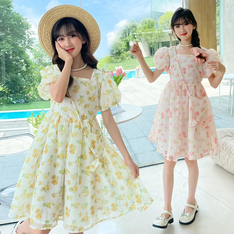 

Korean Summer Elelmentary School Floral Girl Dress Fluffy Children Girl Bubble Sleeve Gauze Knotbow Princess Dress 12 14 clothes